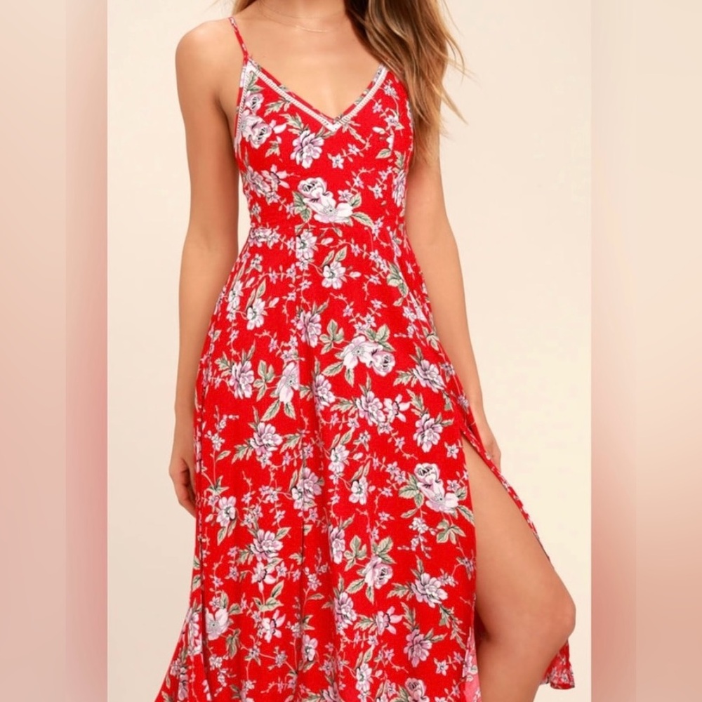 Lulu's Red Floral Spaghetti-Strap Midi Dress